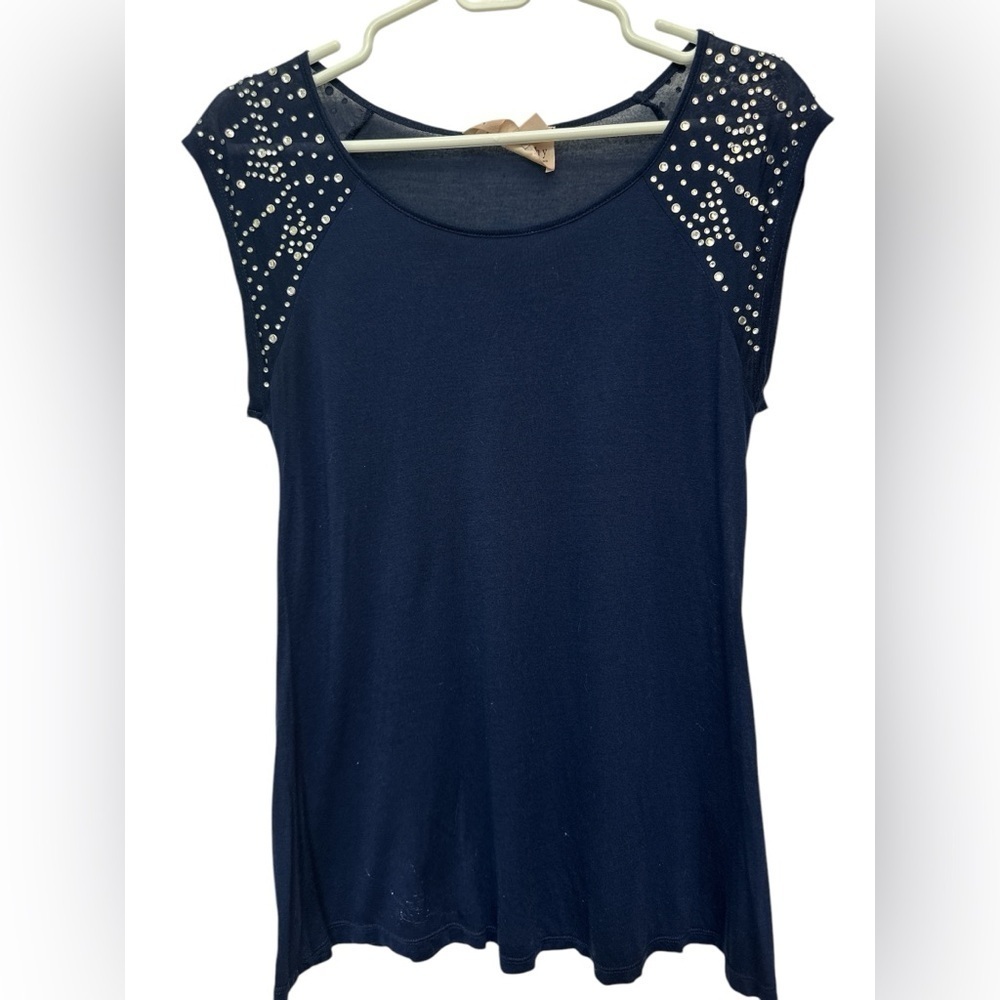 Philosophy Bedazzled Cap Sleeve Top T-Shirt Tee Navy w/ Diamond Bedazzle